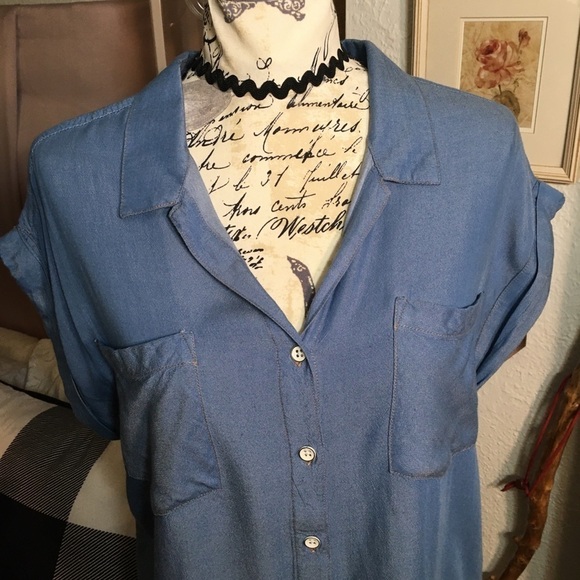 Jachs Girlfriend rolled sleeve rayon denim look top - Picture 3 of 8